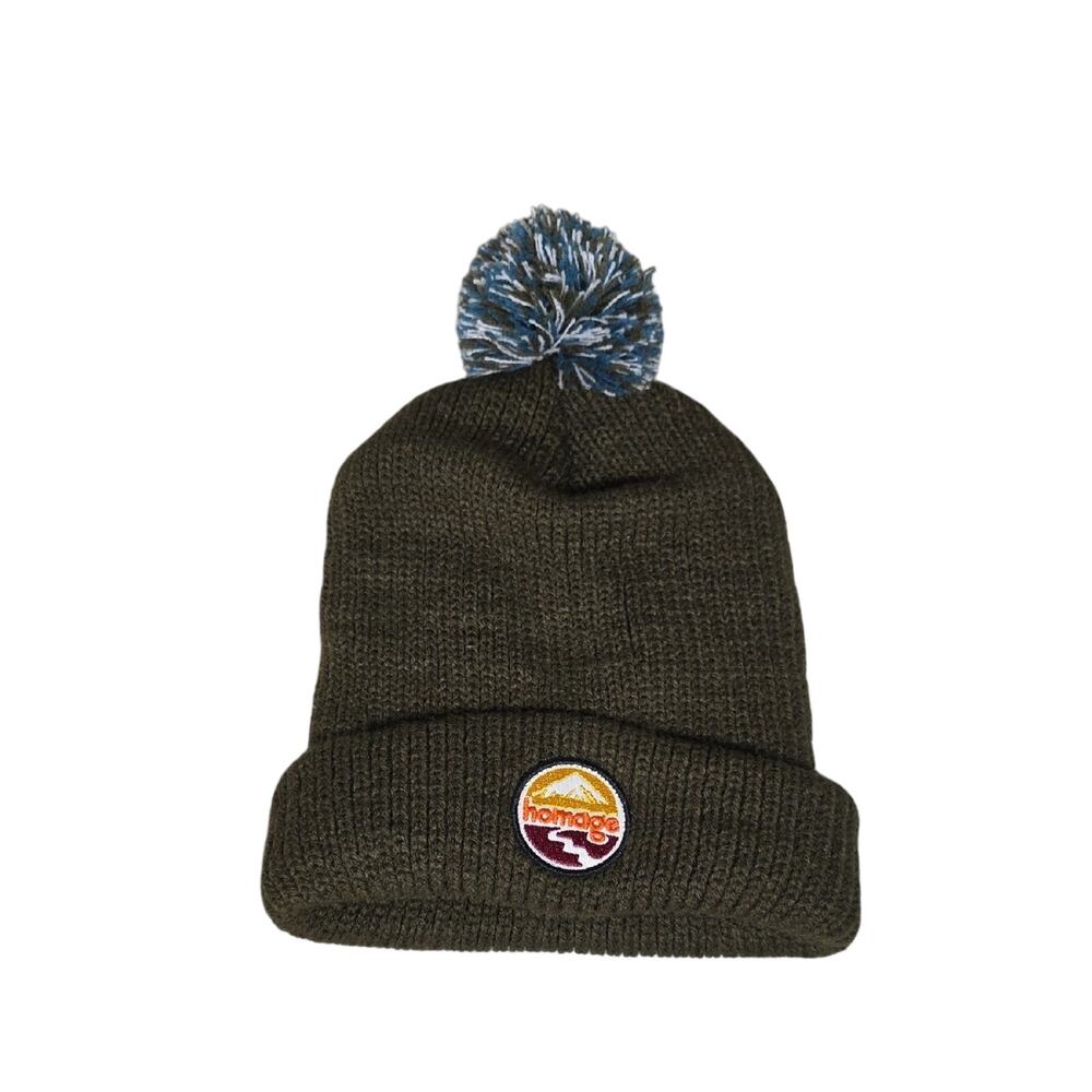 Homage Olive Green Beanie With Moutain Pach and Pom Pom